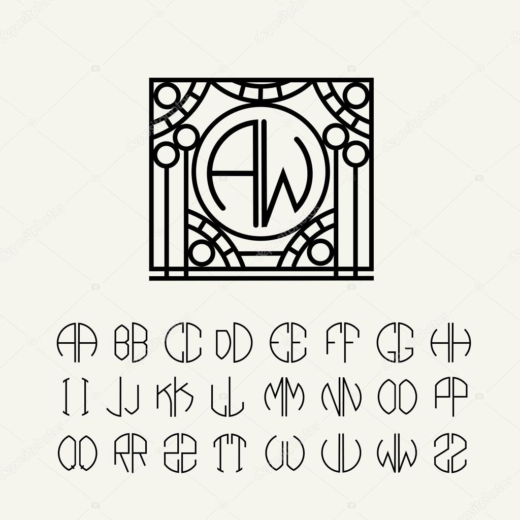 Set of template letters for monograms of two letters in scribed in a circle in Art Nouveau style