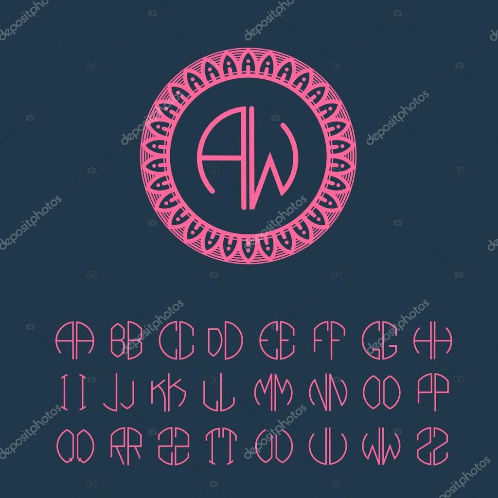 Set of template letters for monograms of two letters in scribed in a circle in Art Nouveau style