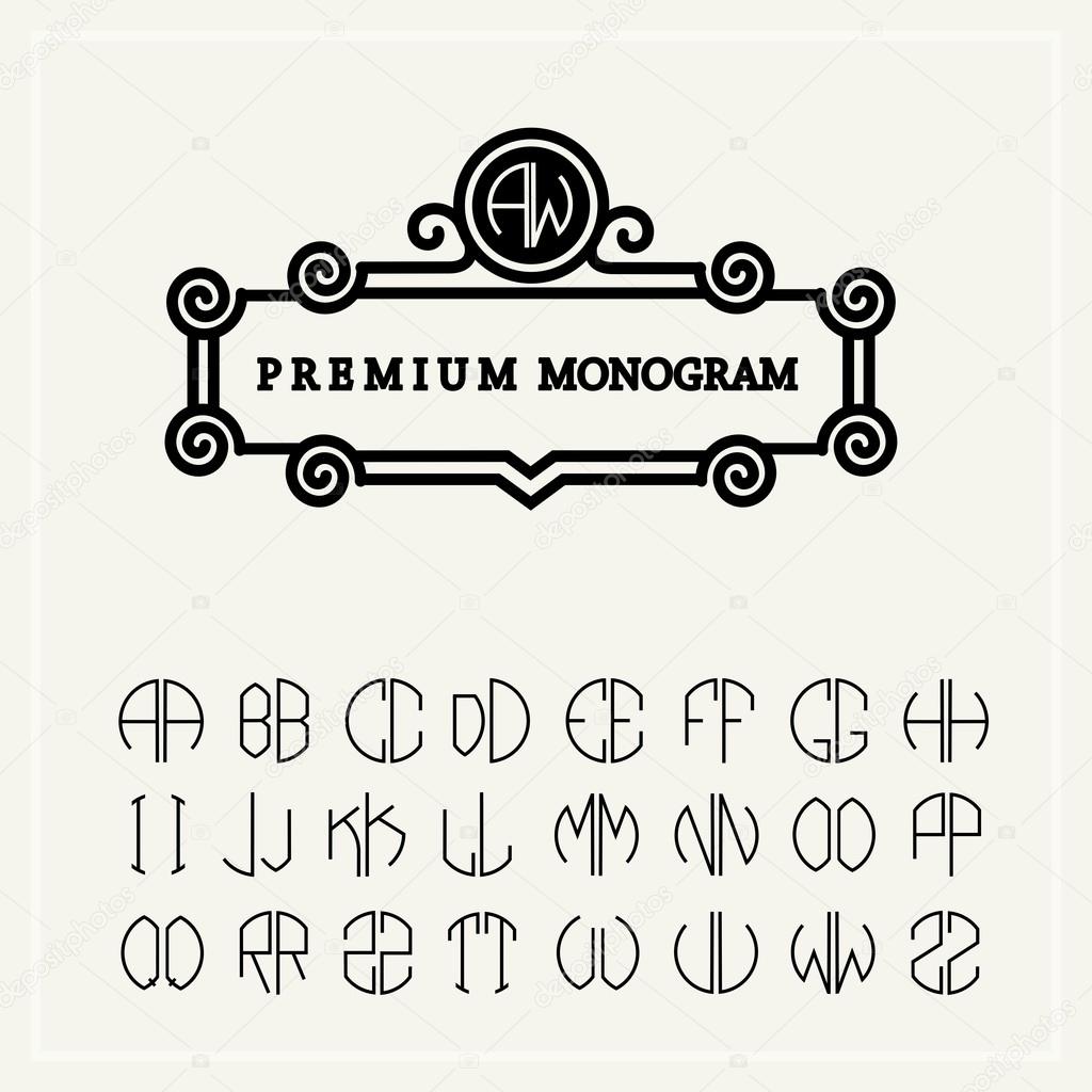 Set of letters to create monograms of two letters in scribed in a circle in Art Nouveau style