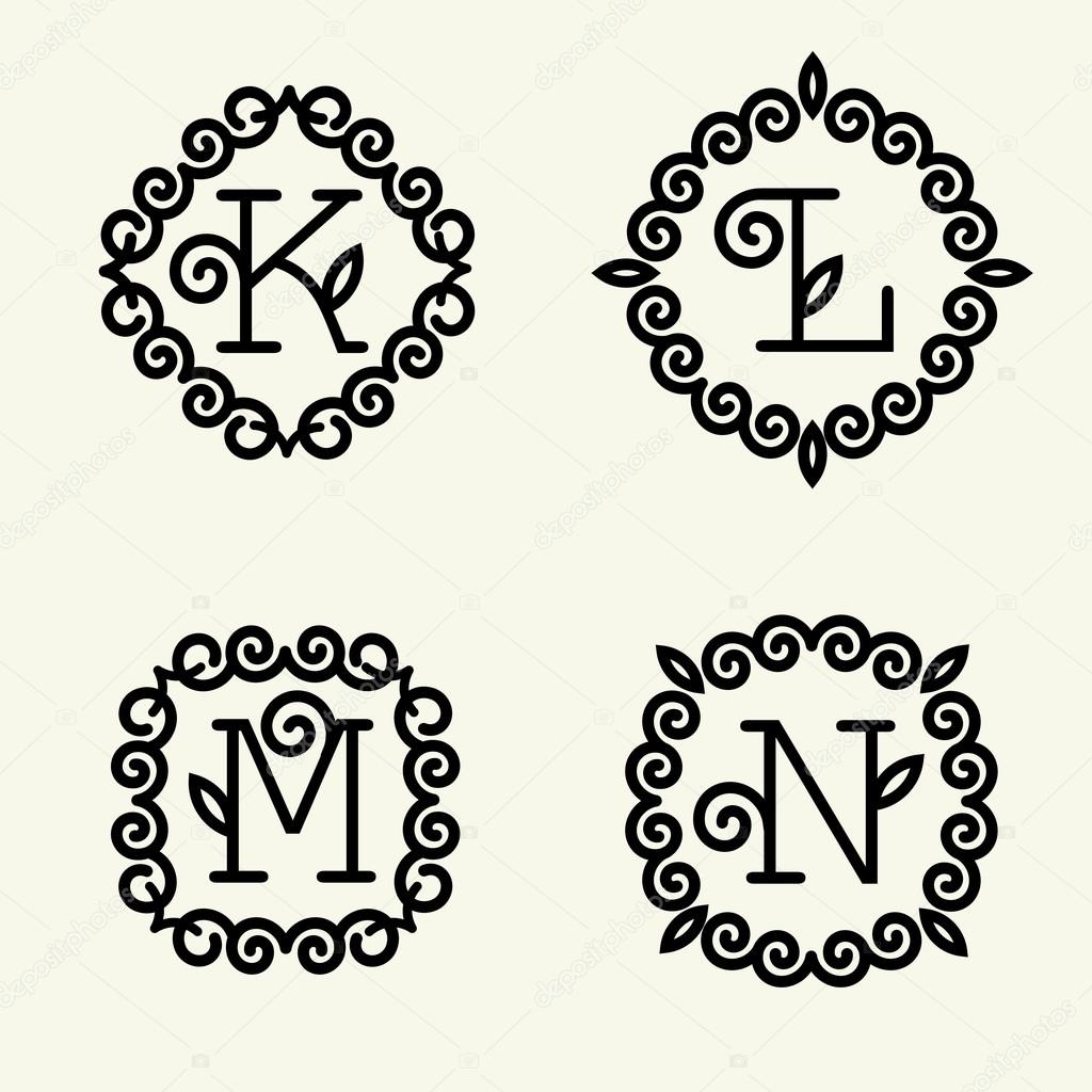 Set 4 of modern monogram style linear with the letters k, l, m, n