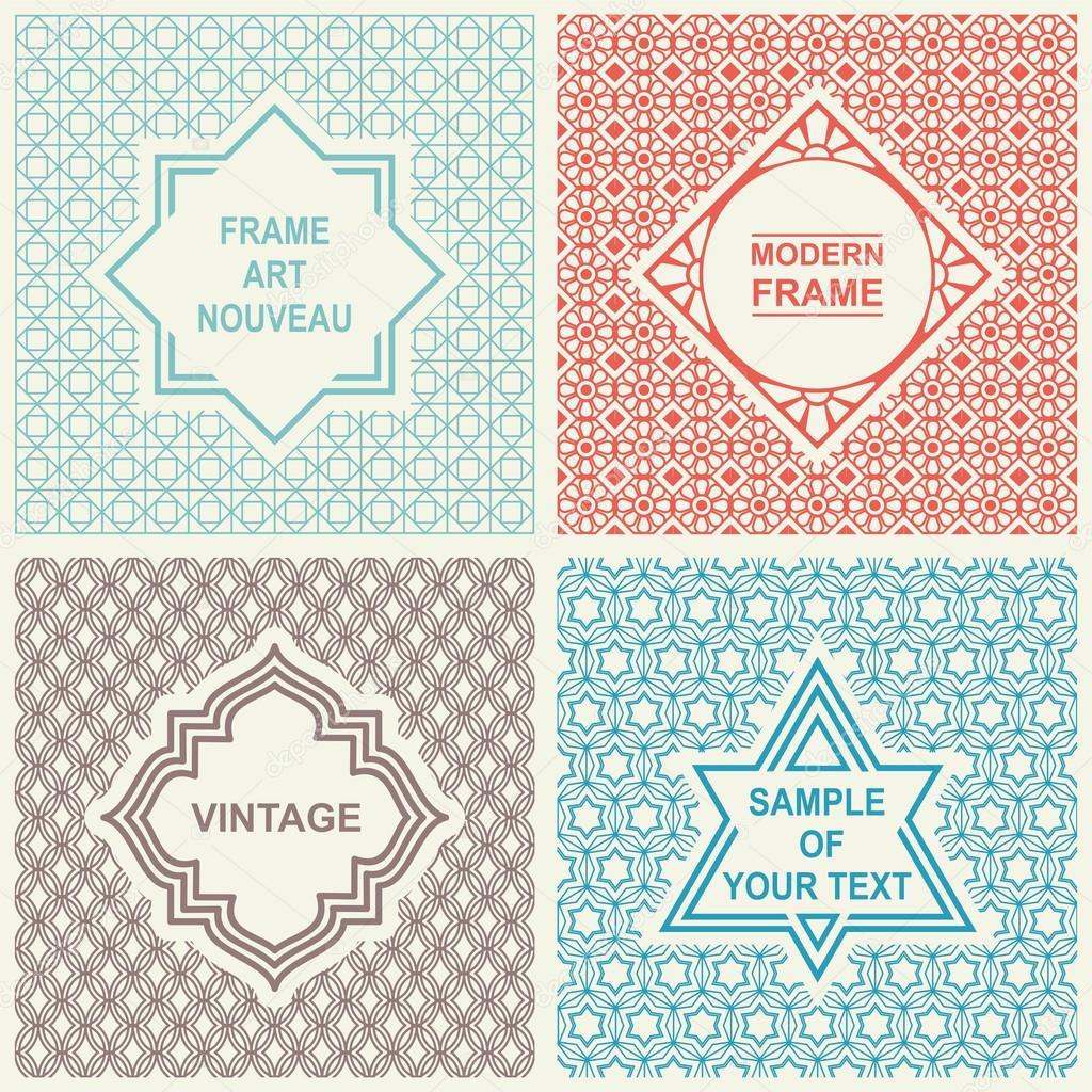 Vintage Vector Set. Design Templates for Logo, Labels and Badges on Decorative Backgrounds with Simple Patterns. Mono Line Graphic Style.