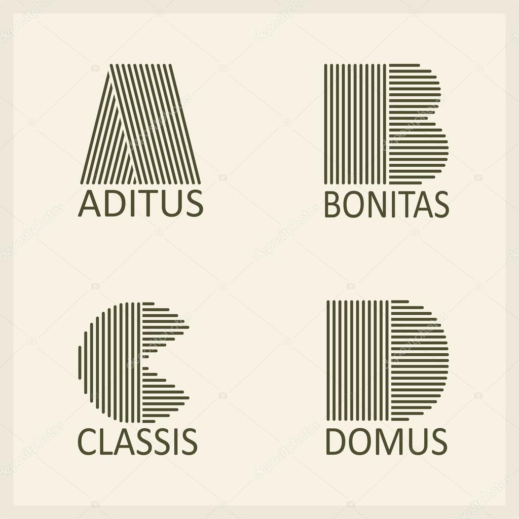Creative Capital letters A, B, C, D. Made of parallel strips. Templates for logos, emblems and monographs.