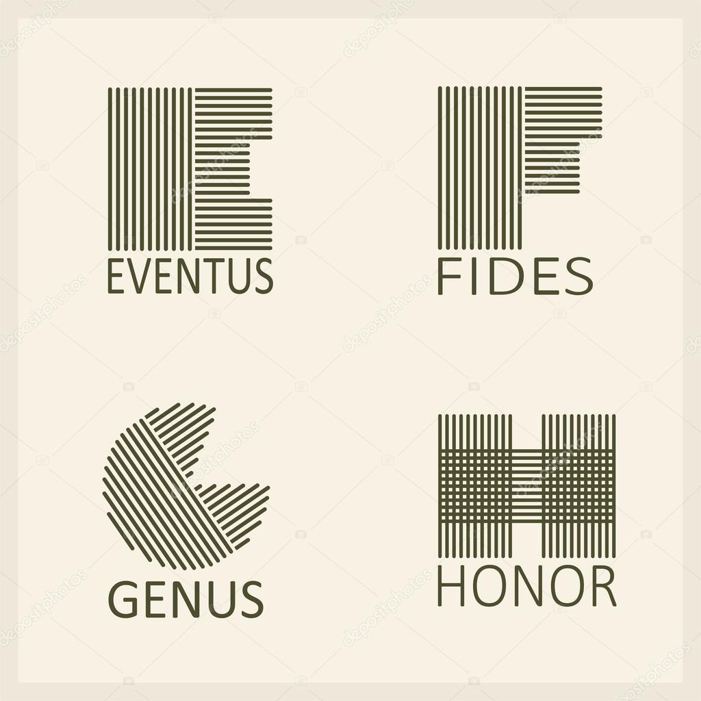 Creative Capital letters E, F, G, H. Made of parallel strips. Templates for logos, emblems and monographs.
