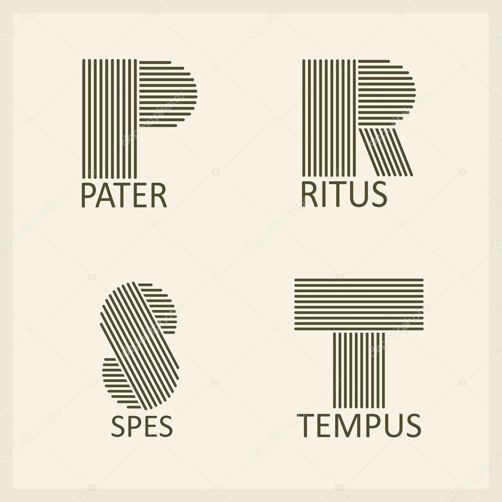 Creative Capital letters P, R, S, T. Made of parallel strips. Templates for logos, emblems and monographs.