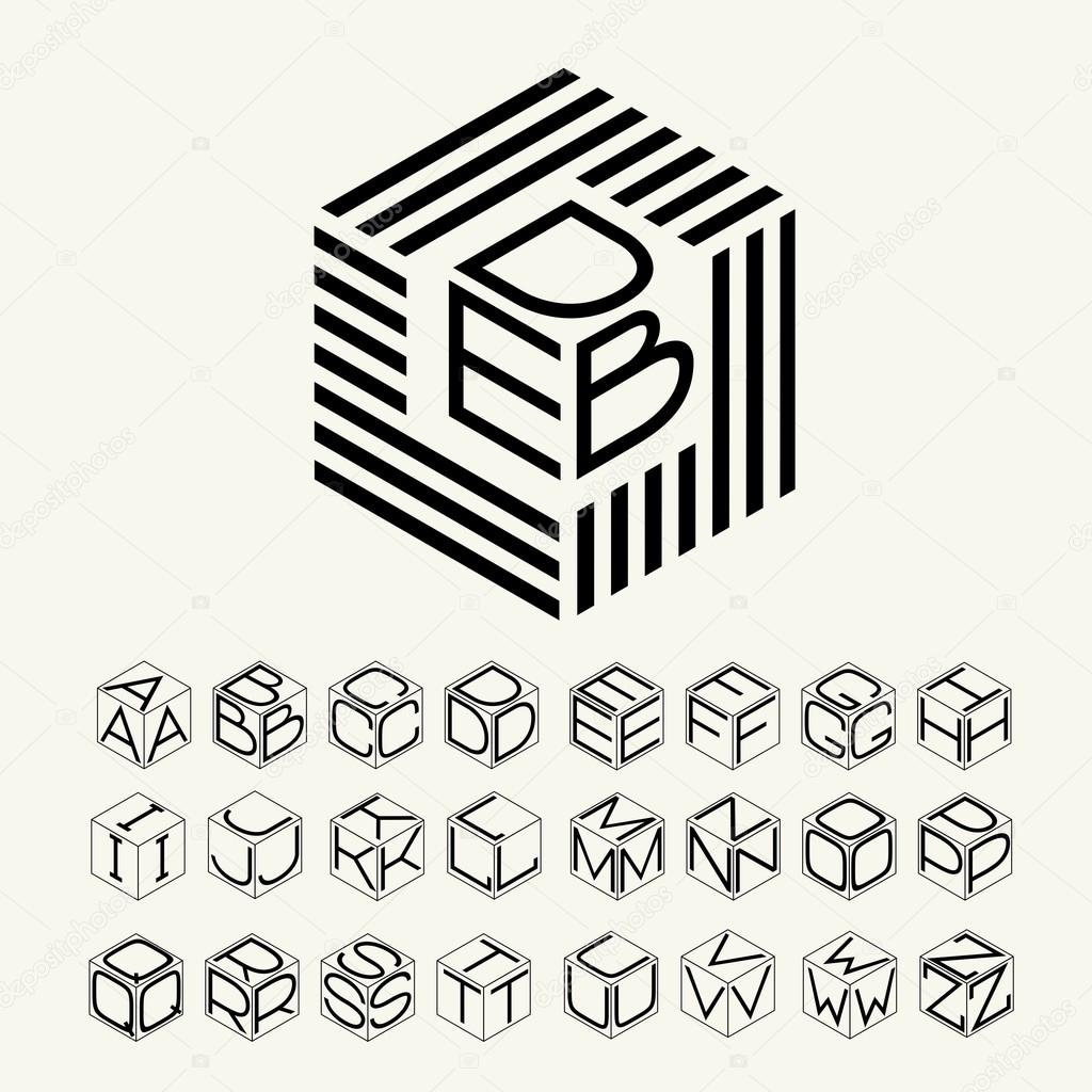 Modern monogram cube, hexagon of the strips, and three letters inscribed. Plus a set of letters to create the logo.