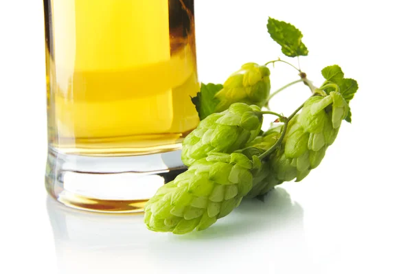 Bijgesneden pint bier op tafel met hopbellen geïsoleerd op wit — Stockfoto
