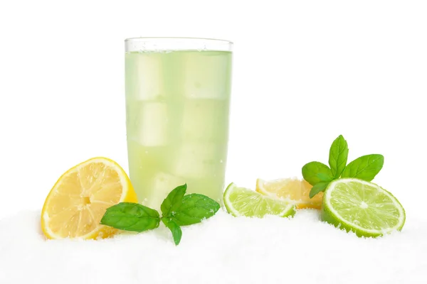 Mojito drink on ice with lemons,limes,leaves on white — Stock Photo, Image