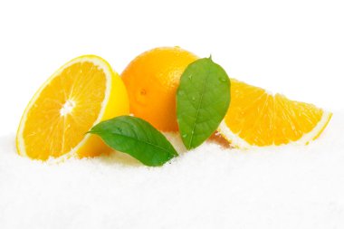 Orange fruits and leaves on ice on white clipart