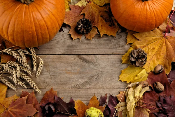 Calabazas con hojas de otoño vistas vista de pájaro para el día de Halloween — Foto de Stock