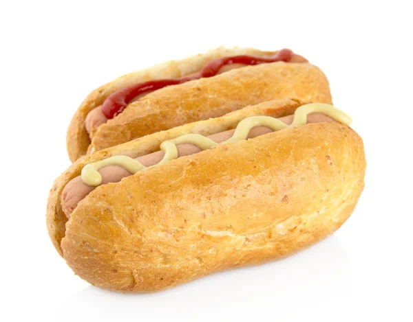 Hot dog z musztardą i ketchupem na biały — Zdjęcie stockowe