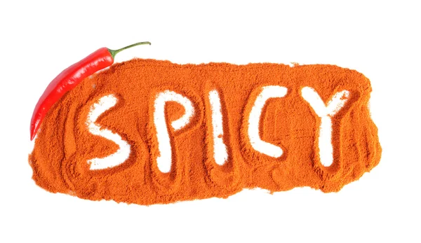 Inscription Spicy made of cayenne chilli pepper isolated on white — Stock Photo, Image