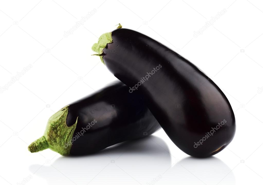 Studio shot of two aubergines eggplants isolated white