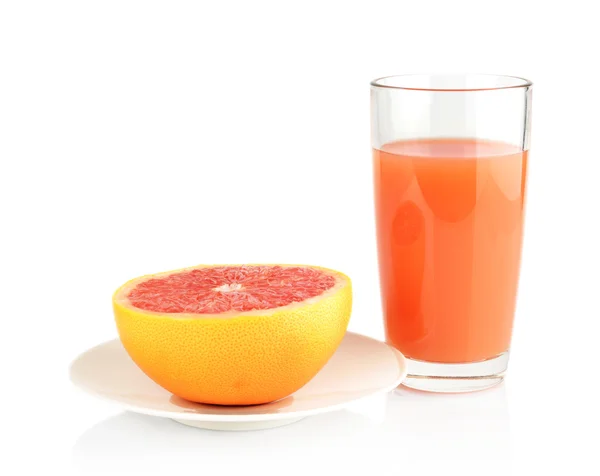 Studio shot sliced grapefruit on plate with juice isolated white — Stock Photo, Image