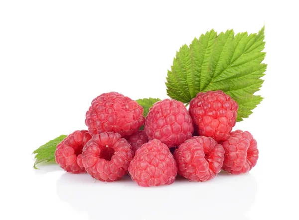 Few raspberries stacked in pile with leaves isolated white — Stock Photo, Image