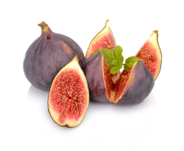Three figs with mint,split like flower isolated on white backgro — Stock Photo, Image