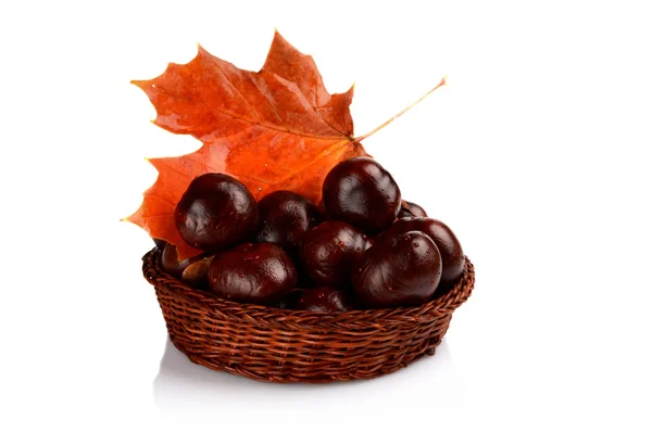 Closeup basket with chestnuts and leaf isolated on white — Stock Photo, Image