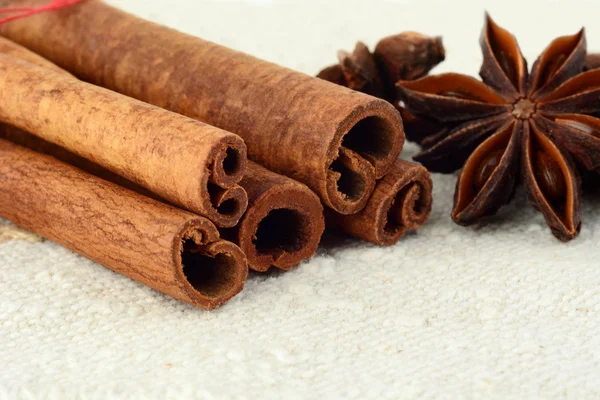 Closeup set of anise and cinnamon on white flax — Stock Photo, Image