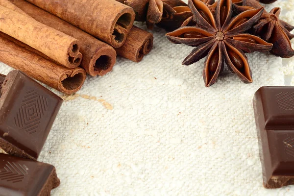 Aromatic assortment of chocolate,anise and cinnamon on white fla — Stock Photo, Image