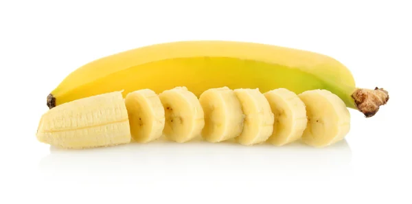 Closeup photo of banana with pieces on white background — Stock Photo, Image