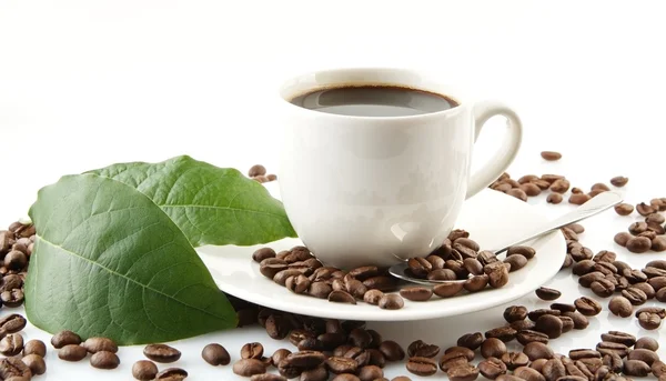 Scattered coffee beans with cups of coffee and leaf — Stock Photo, Image
