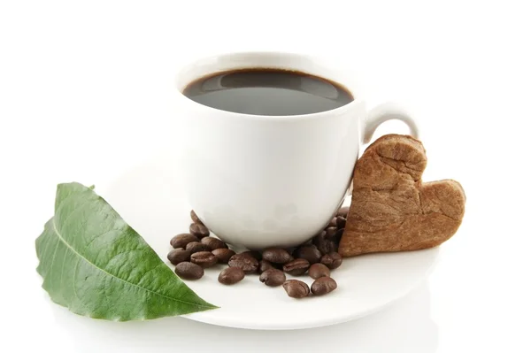 Cup of coffee with saucer with leaf on white — Stock Photo, Image