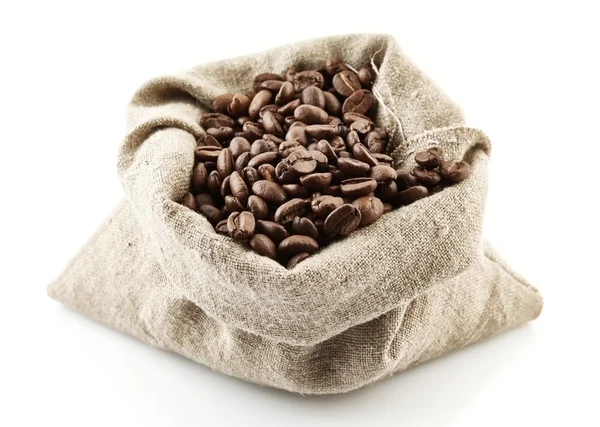 Sack full of coffee beans on white — Stock Photo, Image