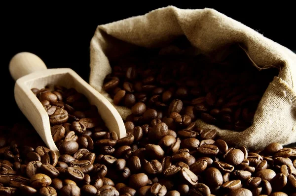 Overturned bag full of coffee beans on black with spatula — Stock Photo, Image