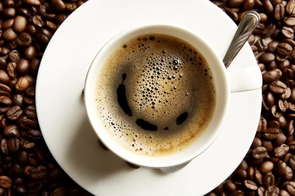 Macro koffie met schuim op ontbijt weergave van bovenaf — Stockfoto