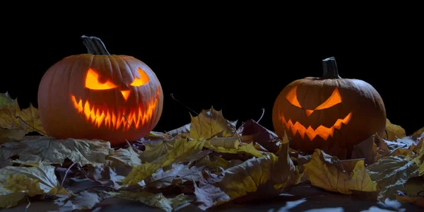 Due zucche raccapriccianti come jack o lanterna tra le foglie secche su nero — Foto Stock