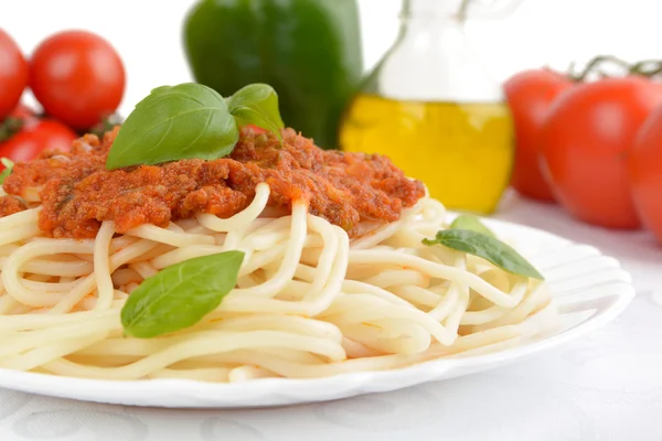 Cropped pasta spaghetti bolognese sauce on white — Stock Photo, Image