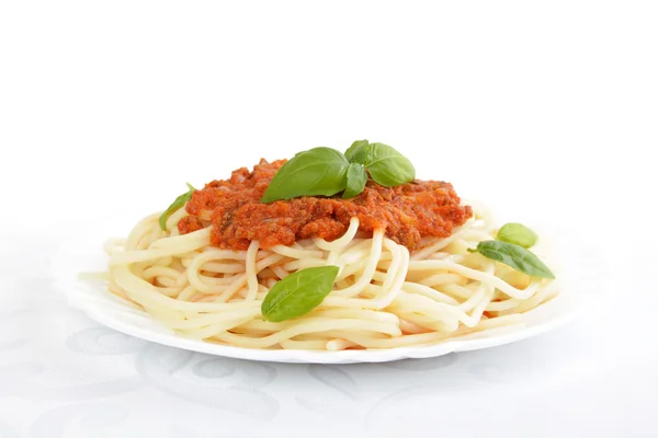 Spaghetti ragu bolognese sauce on white,close up — Stock Photo, Image