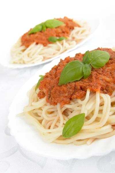 Spaghetti ragu alla bolognese sauce on white,close up — Stock Photo, Image