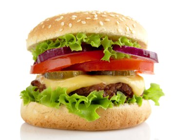 Beyaz arka plan üzerinde izole büyük peynirli burger
