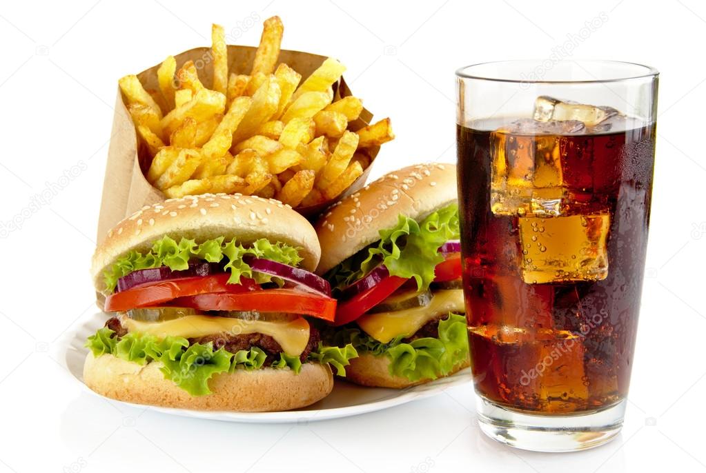 Set of two cheeseburgers,french fries,glass of cola on plate