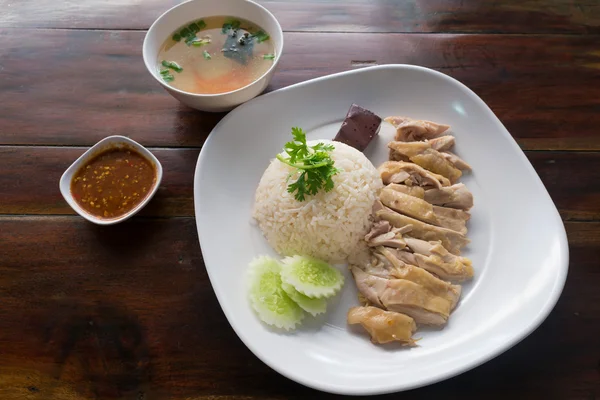 Hainanese Chicken Rice with sauce and soup — Stock Photo, Image