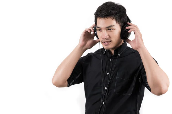 Asian mężczyzna na białym tle z zestawu słuchawkowego — Zdjęcie stockowe