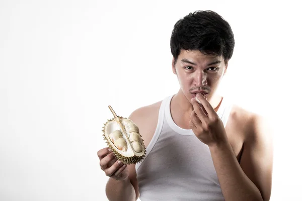 Asiático homem comendo Durian — Fotografia de Stock