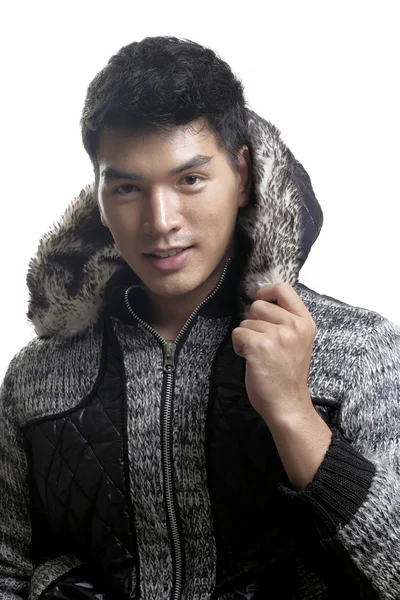 Asian man in fur and yarn texture jacket — Stock Photo, Image