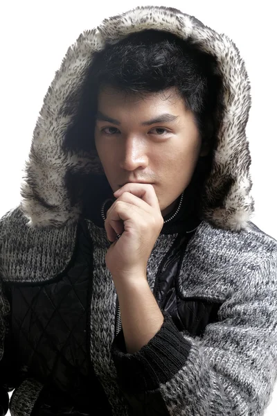 Asian man in fur and yarn texture jacket — Stock Photo, Image