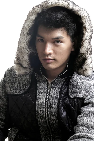 Asian man in fur and yarn texture jacket — Stock Photo, Image