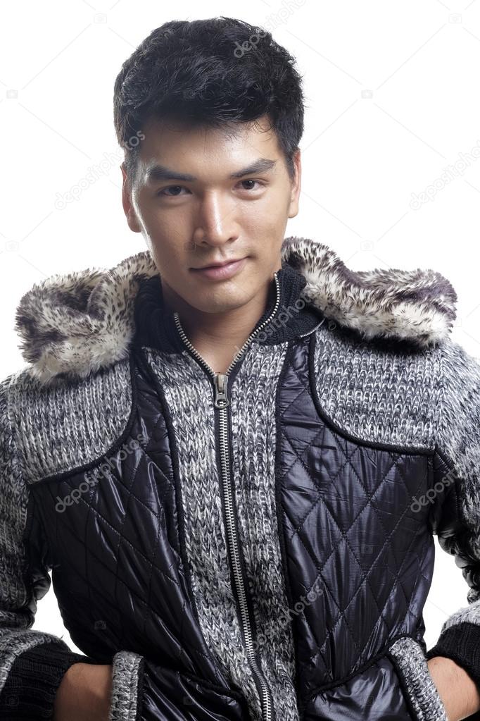 Asian man in fur and yarn texture jacket