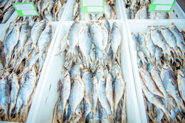 Birlikte balık pazarının bir dükkanda ipler asılmış balıklar kurutulmuş