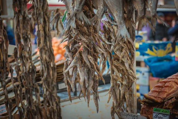 Dried fishes hanged with the ropes in a shop of fish market — Stock Photo, Image