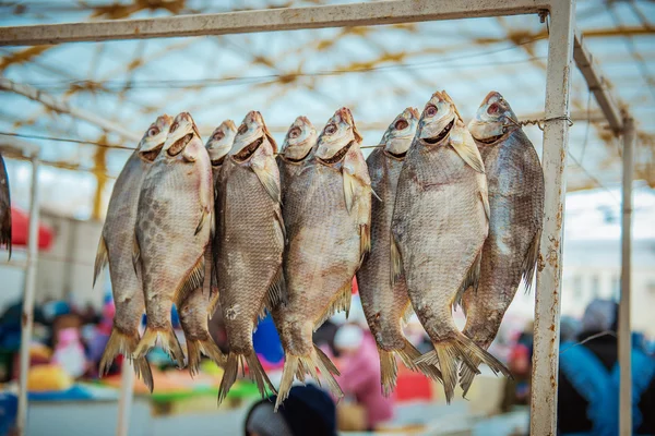 Dried fishes hanged with the ropes in a shop of fish market — Stock Photo, Image