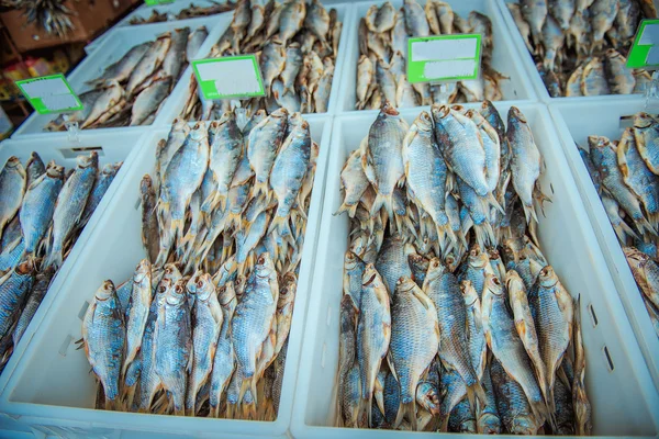 Сушеные рыбы, повешенные на веревках в магазине рыбного рынка — стоковое фото
