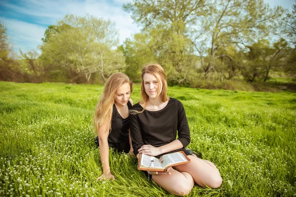 Девушки, читающие Библию о природе — стоковое фото
