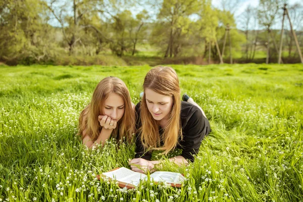 Piger læser Bibelen om naturen - Stock-foto