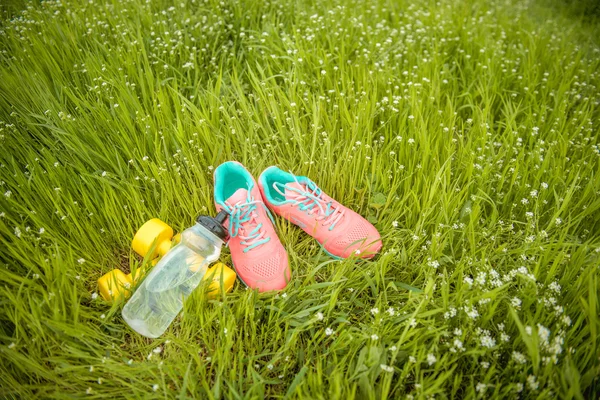 Sprzęt sportowy na tle zielonej trawy. Pojęcie zdrowego stylu życia — Zdjęcie stockowe