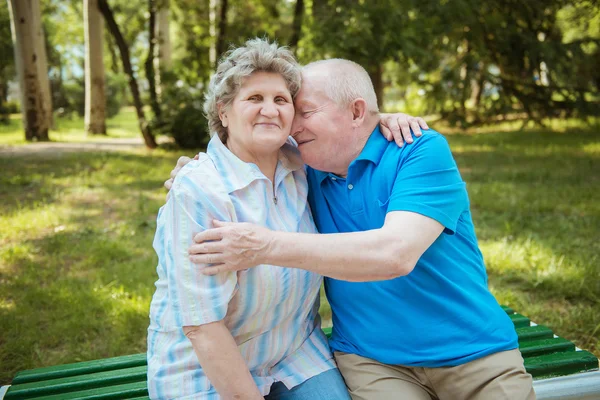 Bejaarde echtpaar ontspannen in het park, — Stockfoto