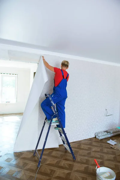 Mujer Joven Haciendo Reparaciones Papel Pintado Apartamentos Pared Papel Pintado — Foto de Stock